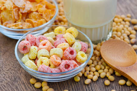 Cereal flakes in bowl with copy space,Breakfast concept.Food with delicious fruity taste and fruity colours.It's made with maize,wheat,and barleyの写真素材