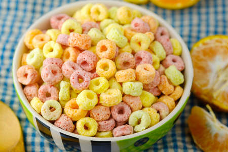Cereal flakes in bowl Breakfast conceptの写真素材