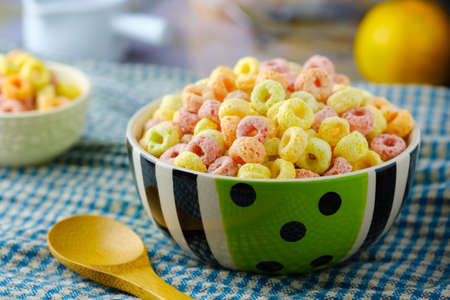 Cereal flakes in bowl with copy space, Breakfast concept.の写真素材