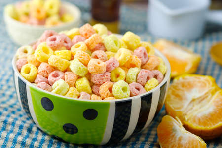 Cereal flakes in bowl with copy space, Breakfast concept.の写真素材