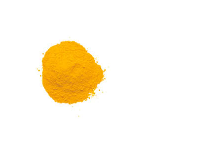 Dry turmeric powder isolated on white background.Close-up of powder orange color turmeric.top view and copy spaceの写真素材