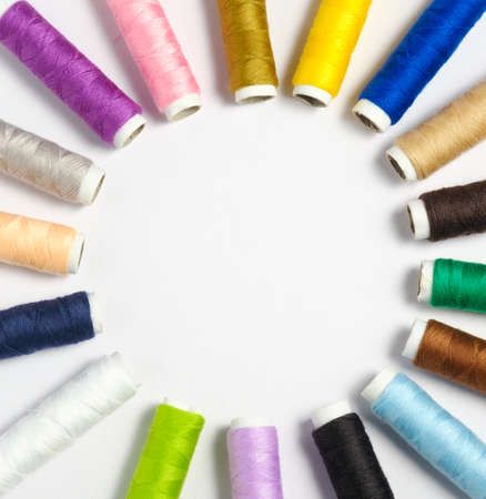 Thread on white background top view with copy spaceの写真素材