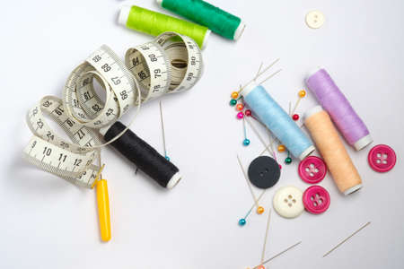 Sewing equipment on white background.top viewの写真素材