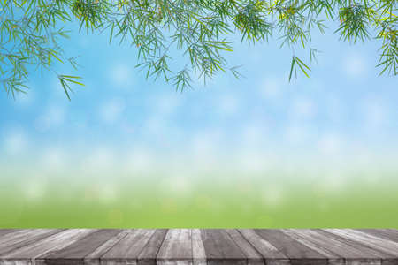Green leaves in blurred and bokeh light background,Leaf and copy space.Bamboo leaf and empty wooden table for a conceptの写真素材