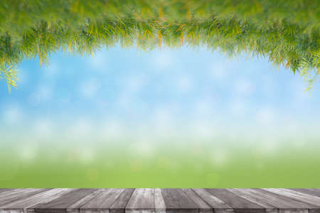 Green leaves in blurred and bokeh light background,Leaf and copy space.Bamboo leaf and empty wooden table for a conceptの写真素材