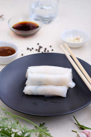 Lui Suan noodle roll in dish,Vegetarian food asianの写真素材