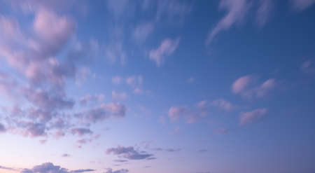 Colorful sunset and sunrise with clouds. Blue and orange color of nature. Many white clouds in the blue sky. The weather is clear today. sunset in the clouds. The sky is twilightの写真素材