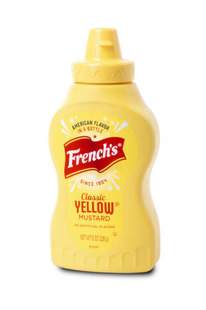THAILAND-APRIL 26,2021;Classic Yellow Mustard (French Brand) Mustard Sauce, Squeeze Bottle 226 g.Mustard Sauce bottle in isolated with clipping pathのeditorial素材