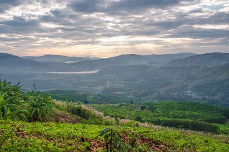 Landscape with clouds,sky and  mountains of northern Thailand.The mountain splits between Chiang Khong and Chiang Saen districtsの写真素材