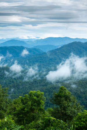 Surreal landscape of morning foggy..Morning clouds at sunrise.Landscape of fog and mountains of...