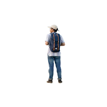 man standing with a bag behind him looking to the side. People standing in isolatedの写真素材
