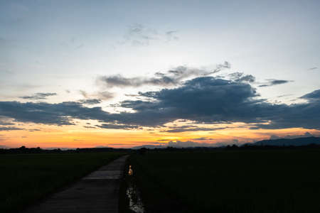 Colorful sunset and sunrise with clouds.Blue and orange color of nature.Many white clouds in the...