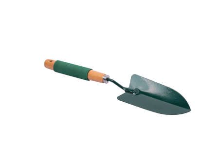Garden trowel in isolated with clipping path.A tool for scooping, splashing, or scooping up soil, similar to a pickaxe, but larger, flat in shape, with a long handle.の写真素材