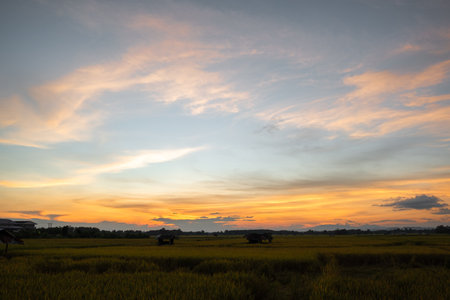 Colorful sunset and sunrise with clouds. Blue and orange color of nature. Many white clouds in the blue sky. The weather is clear today. sunset in the clouds. The sky is twilightの写真素材