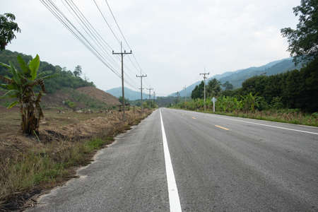 Paved road curve on mountains.Road dividing line.The road to the mountain.The asphalt road on both sides of the road is covered with grass.の写真素材