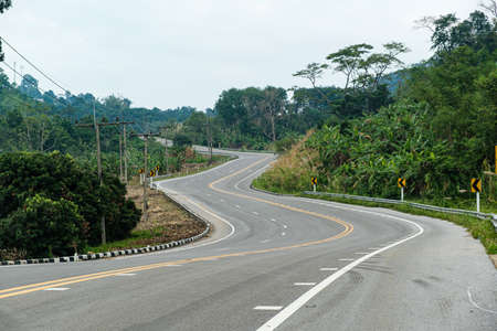 Paved road curve on mountains.Road dividing line.The road to the mountain.The asphalt road on both sides of the road is covered with grass.の写真素材
