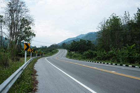 Paved road curve on mountains.Road dividing line.The road to the mountain.The asphalt road on both sides of the road is covered with grass.の写真素材