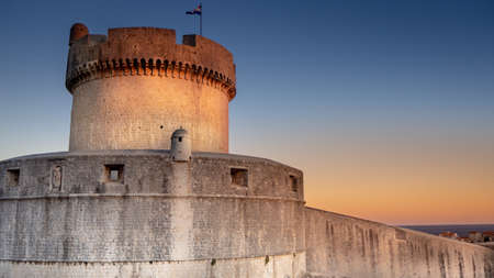 Minceta fortress of old town Dubrovnik at sunsetのeditorial素材