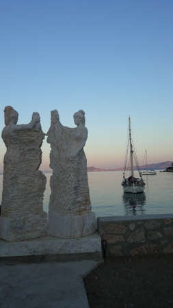 Sculptures on the waterfront of Santorini, Greece.の写真素材