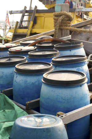 Blue tank on the ship. Use for fill clean water and engine oil.のeditorial素材