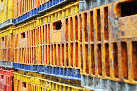 Dirty chicken box in organized stack. The view from side perspectiveのeditorial素材