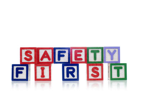 Alphabet blocks spelling safety first isolated white backgroundの写真素材