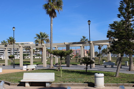 Spaces to walk with fountains and stone benchesの写真素材