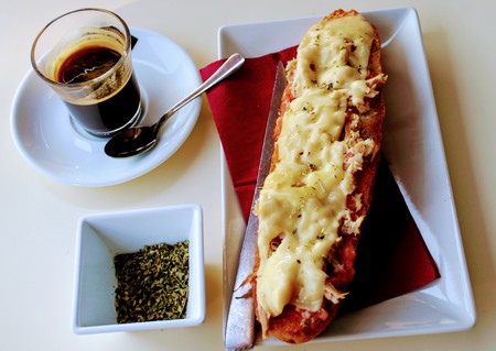 Delicious breakfast with coffee toast of tuna , cheese and oreganoの写真素材