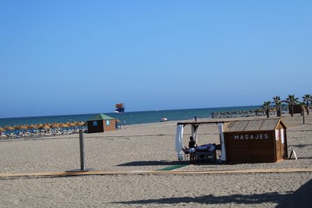 Place of leisure and tourism on the beach of the Urbanization in Roquetas de Mar in Spain on july 14, 2019のeditorial素材