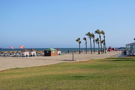 Place of leisure and tourism on the beach of the Urbanization in Roquetas de Mar in Spain on july 14, 2019のeditorial素材