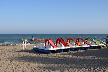 Place of leisure with hydrobicycles and water activities in the Urbanization of Roquetas de Mar of AlmerÃ­a in Spain on july 14, 2019のeditorial素材