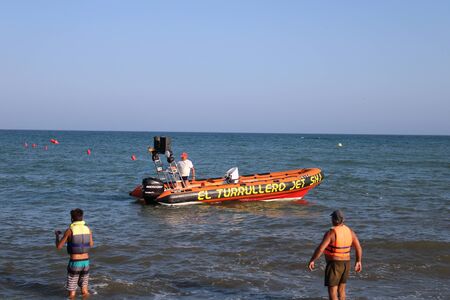 Place of leisure with hydrobicycles and water activities in the Urbanization of Roquetas de Mar of Almería in Spain on july 14, 2019のeditorial素材