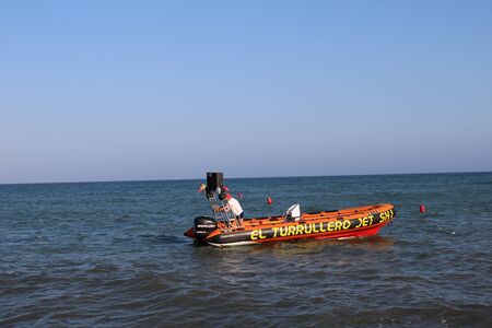 Place of leisure with hydrobicycles and water activities in the Urbanization of Roquetas de Mar of AlmerÃ­a in Spain on july 14, 2019のeditorial素材