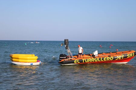 Place of leisure with hydrobicycles and water activities in the Urbanization of Roquetas de Mar of AlmerÃ­a in Spain on july 14, 2019のeditorial素材