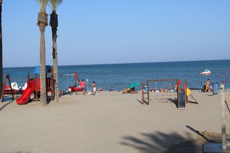 Place of leisure and tourism on the beach of the Urbanization in Roquetas de Mar in Spain on july 14, 2019のeditorial素材