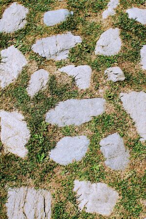 Image for backgrounds and texture of stone and cement in grey tones and grassの写真素材