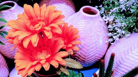 Ceramic jugs painted in purple and pot with red daisiesの写真素材