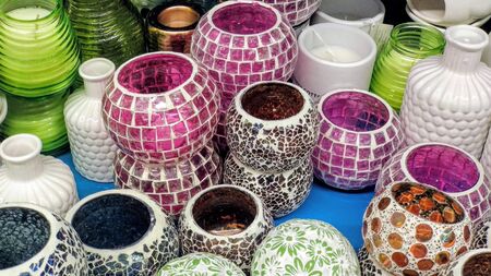 vases and jugs made of glass and clay with beautiful decorationsの写真素材