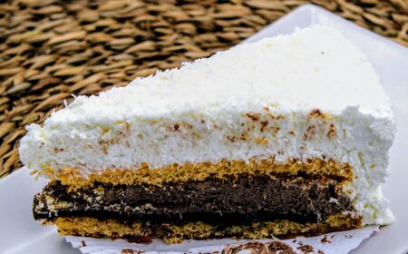 Piece of cake with dark chocolate filling and cream toppingの写真素材