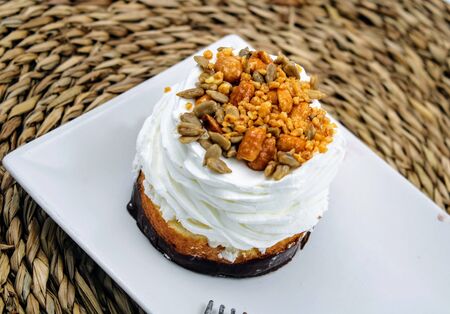 Sponge cake with chocolate base , whipped cream and toasted seedsの写真素材
