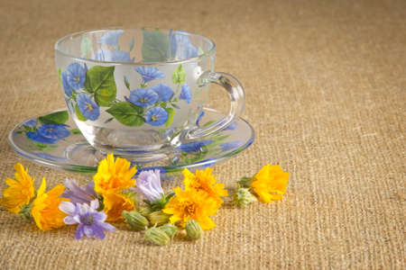 blank mug for tea with blue and yellow flowersの写真素材
