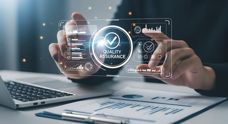 Quality assurance assurance standard. Business and technology concept on virtual screen.の素材