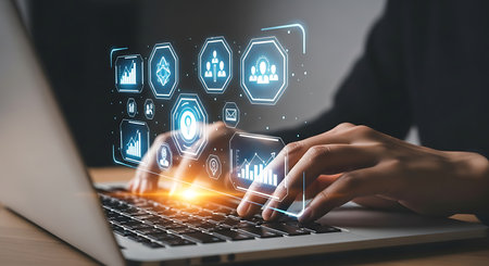 Close up of businesswoman hands typing on laptop keyboard with digital business iconsの素材