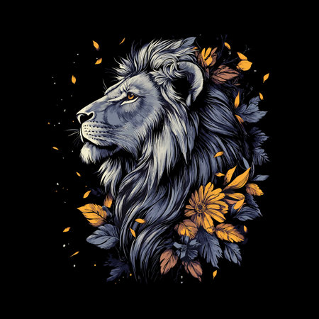 Lion with flowers and leaves. Vector hand drawn illustration on black background.のイラスト素材