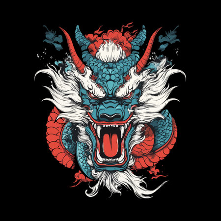 Dragon head vector illustration. Tattoo design on black background for t-shirt.のイラスト素材