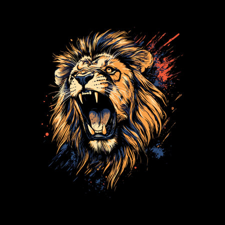 Lion head with colorful splashes on black background. Vector illustration.のイラスト素材