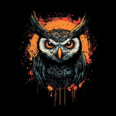Vector illustration of owl with grunge splashes on black background.のイラスト素材