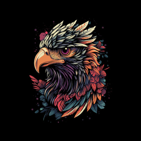 Eagle head with feathers and flowers on black background. Vector illustration.のイラスト素材