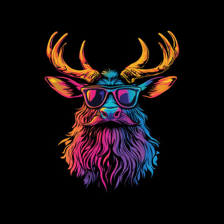 Deer head with sunglasses and beard, vector illustration on black background.のイラスト素材
