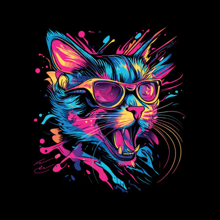 Vector illustration of cat with sunglasses and colorful splashes on black backgroundのイラスト素材